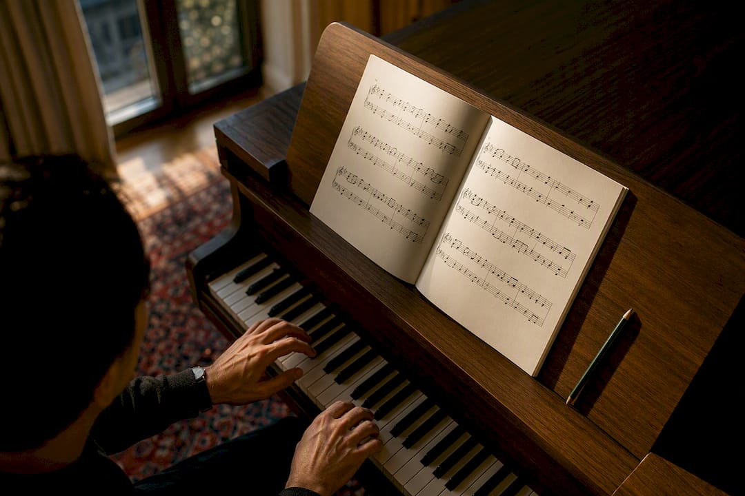 Adult reading piano sheet music beside keyboard