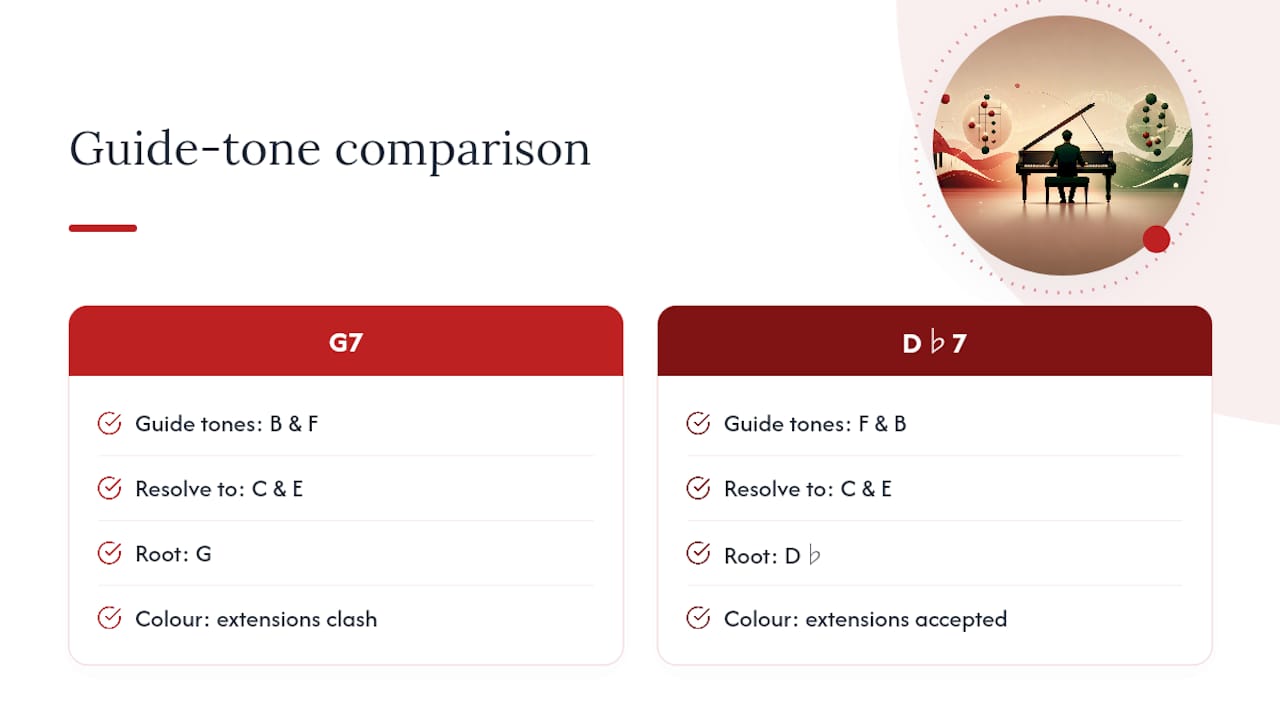 Why tritone substitution works: voice-leading and shared tones — overview diagram