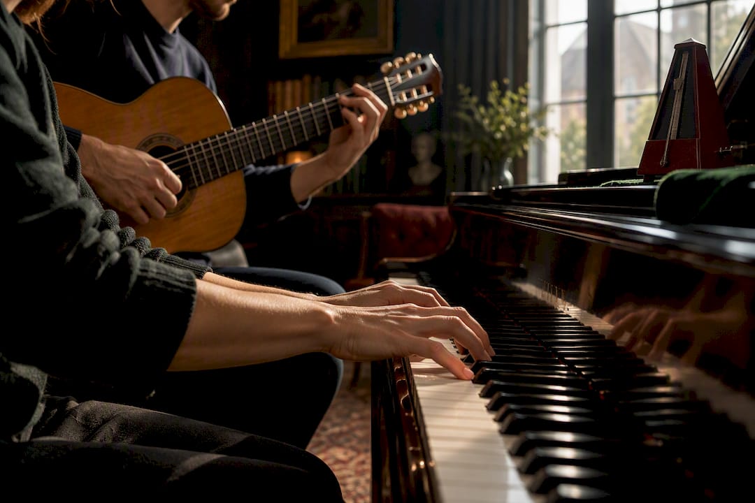 Hands practising scales on piano and guitar