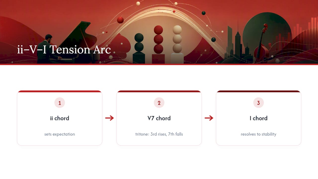 Why tension and resolution make the ii V I work — overview diagram