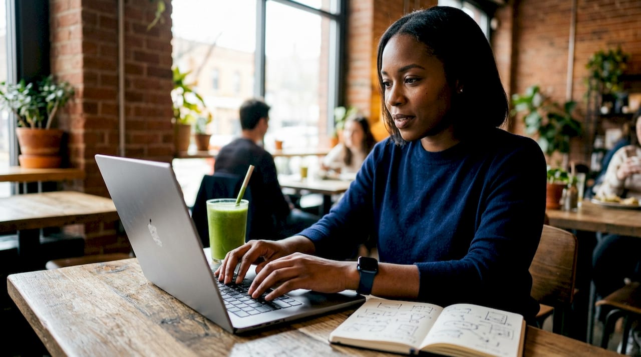Hands typing on laptop with SEO notes and coffee cup