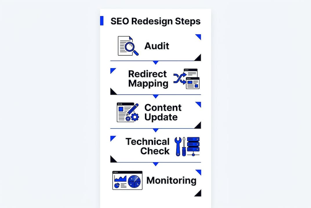 Infographic depicting SEO website redesign process steps