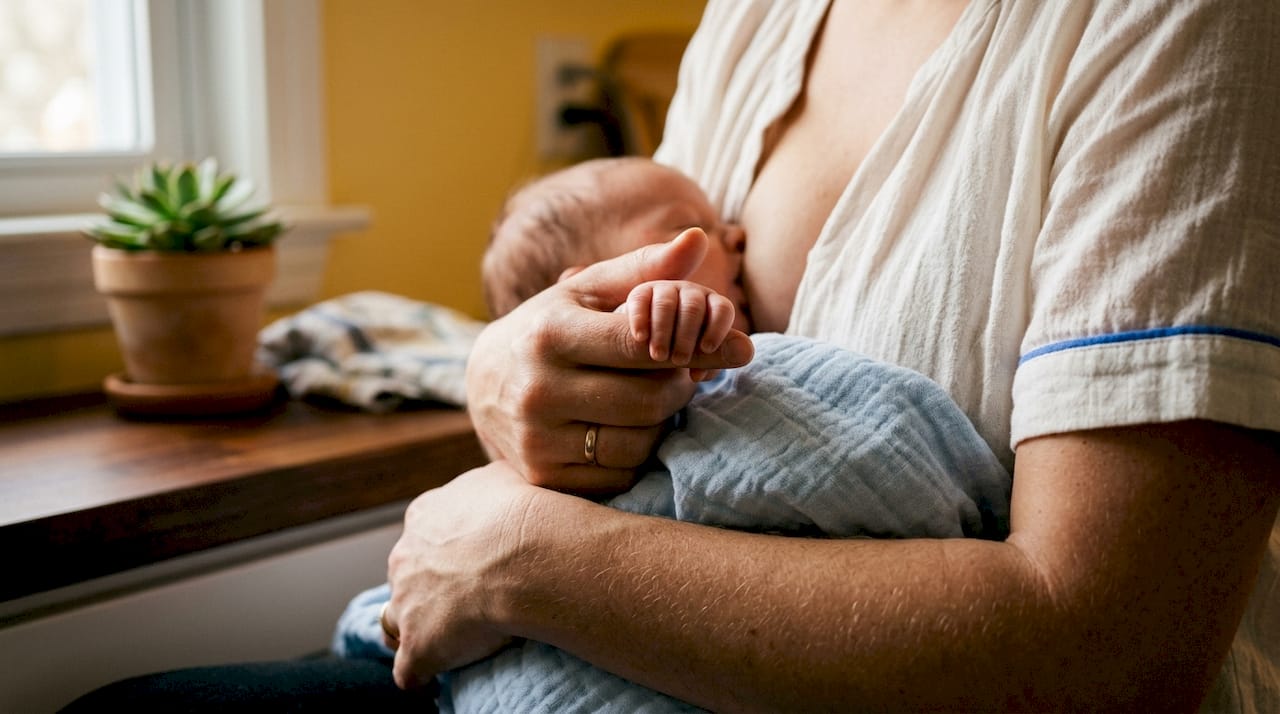 Close-up of newborn hands on mother's arm breastfeeding