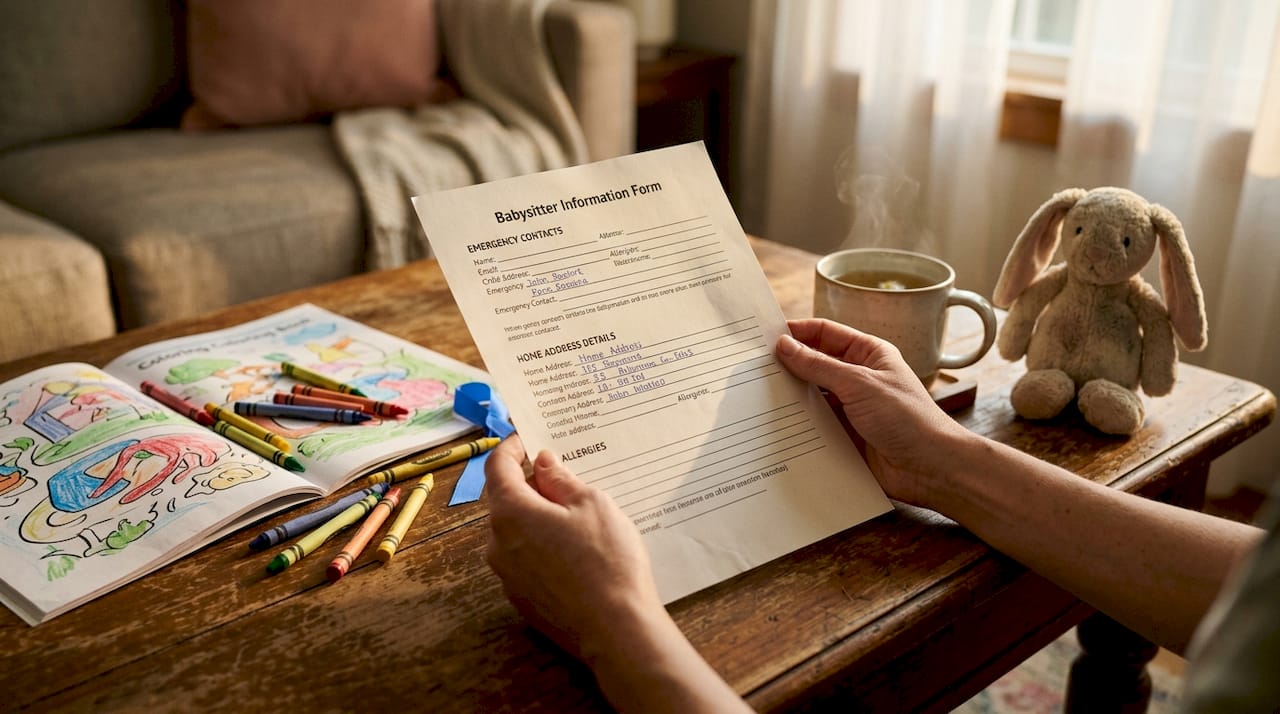 Hands holding babysitter emergency contacts form