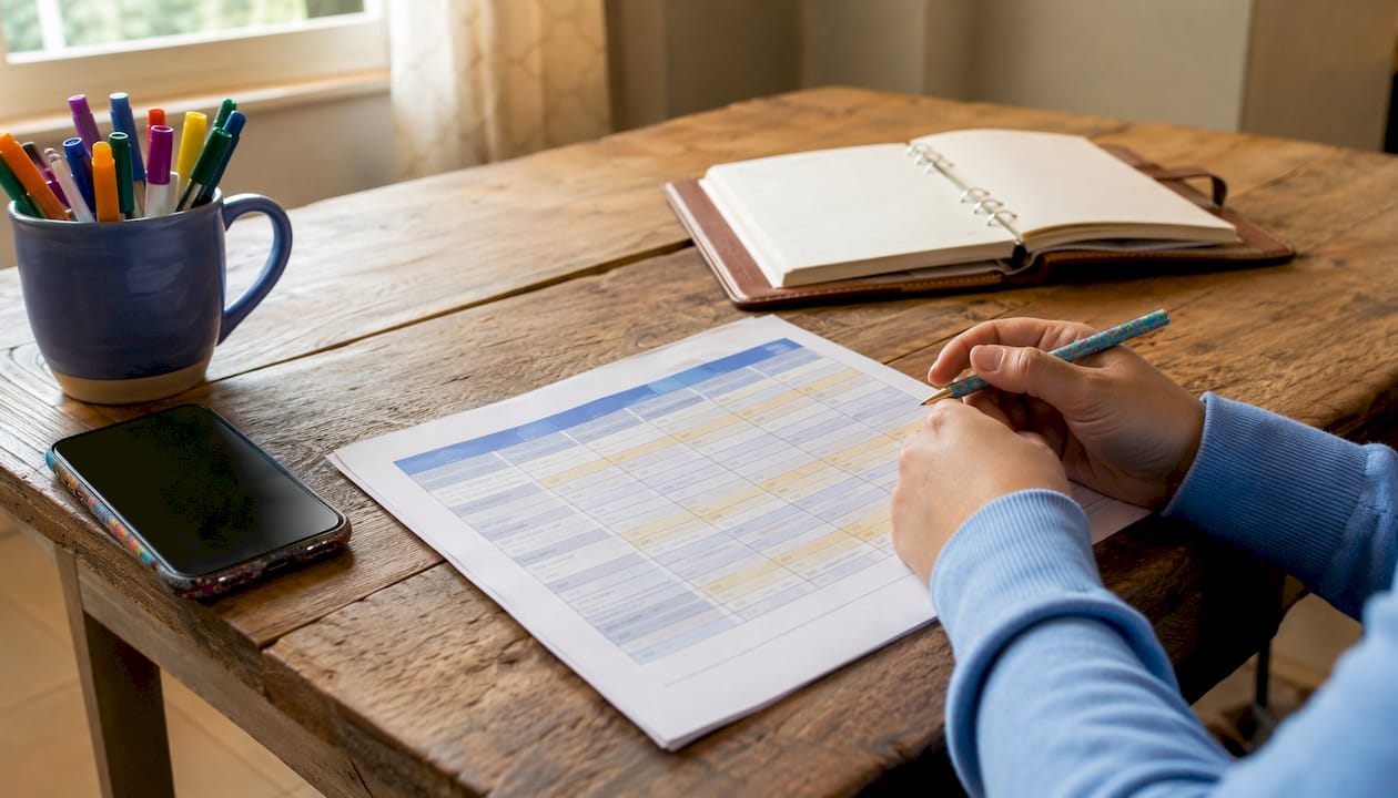 Hands marking overtime rules chart on wooden desk