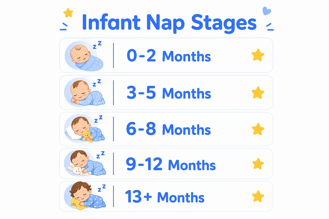 Infographic showing infant nap stages by age