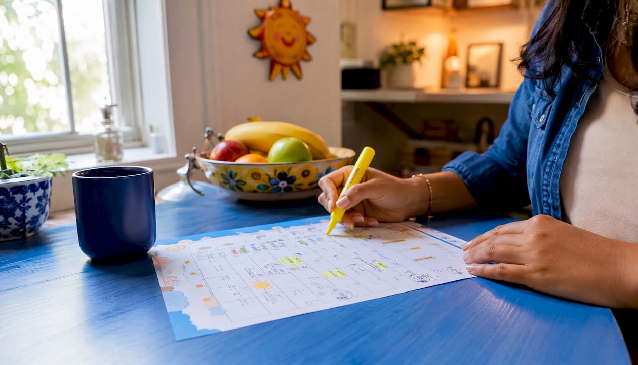 Hands marking nanny schedule on kitchen table