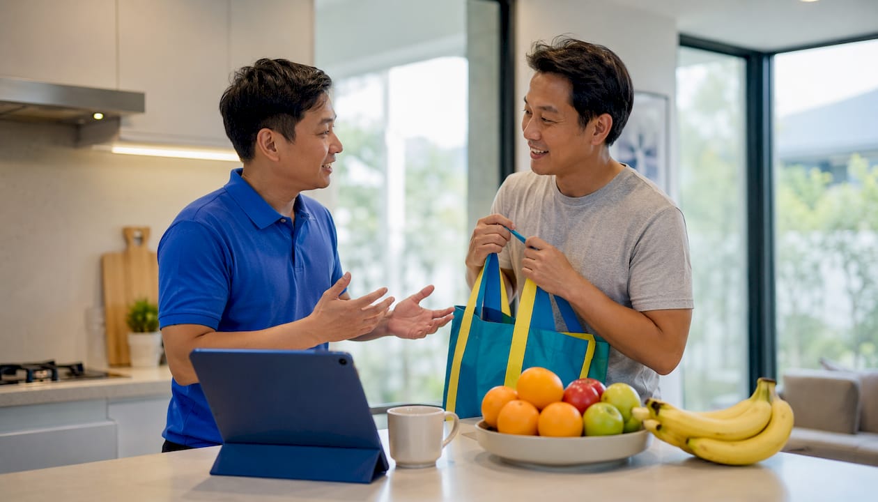 Nanny handing tablet with daily summary to mother