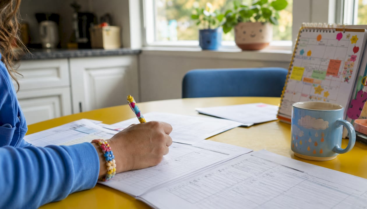 Hand writing on nanny daily log sheets over desk