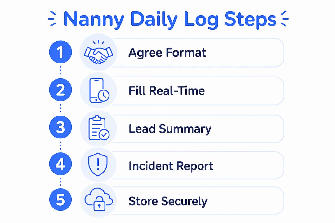 Infographic showing 5 steps of nanny daily log process