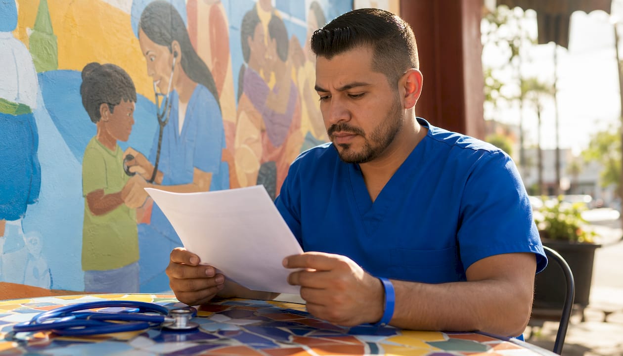 Nurse reviewing medication list in hospital discharge room