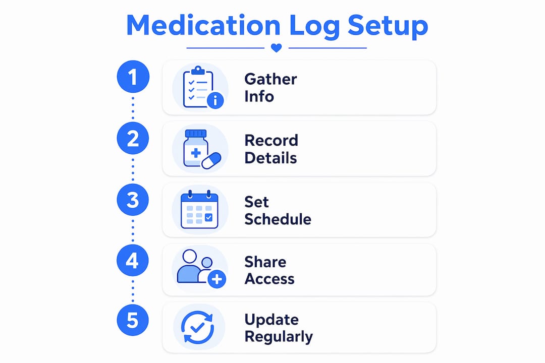 Infographic showing five steps to set up medication log