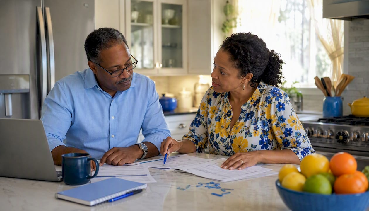 Couple discussing payroll options at home office desk