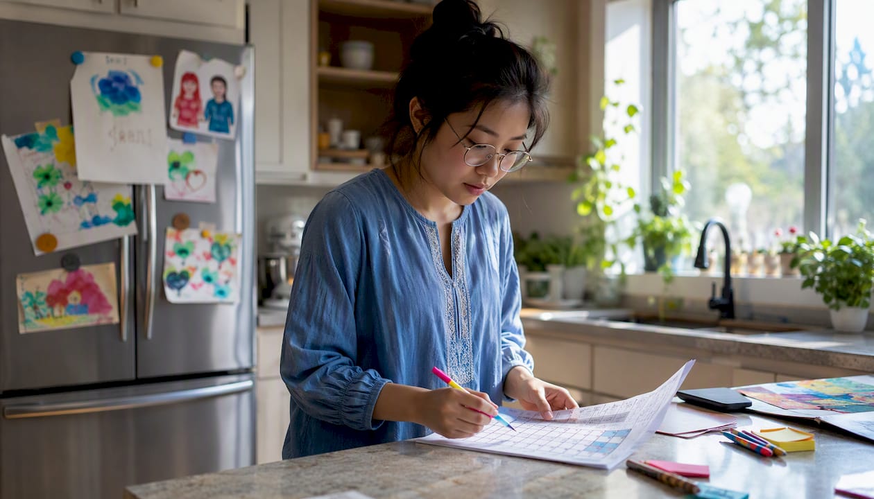 Au pair reviewing weekly schedule at desk