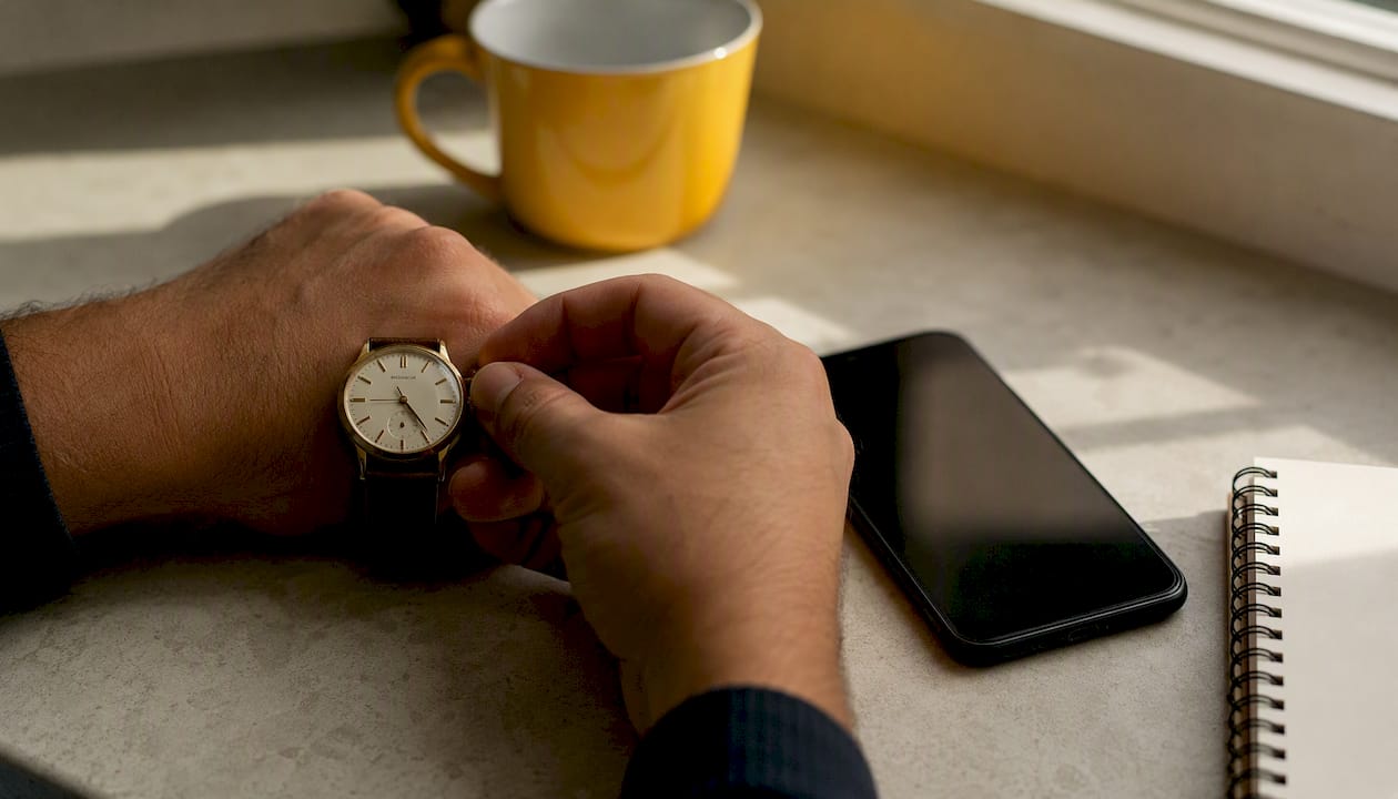 Hand pressing wristwatch next to phone and blank notepad