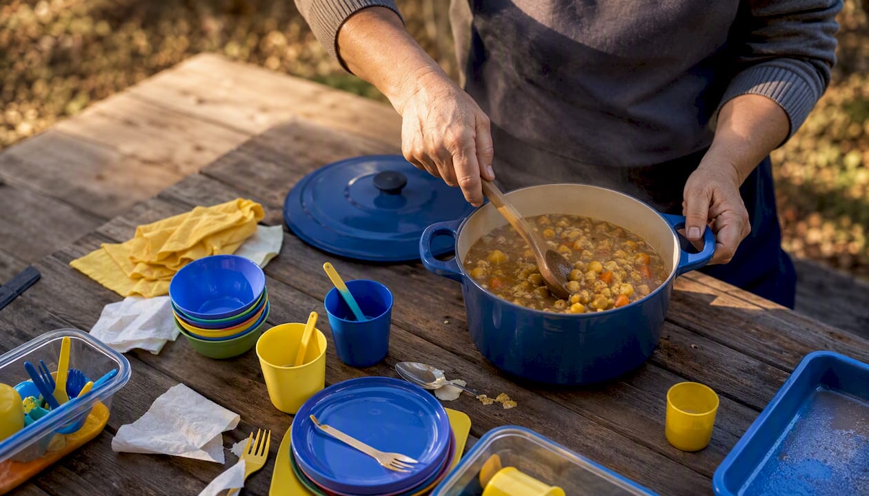 Hands preparing child’s meal in kitchen