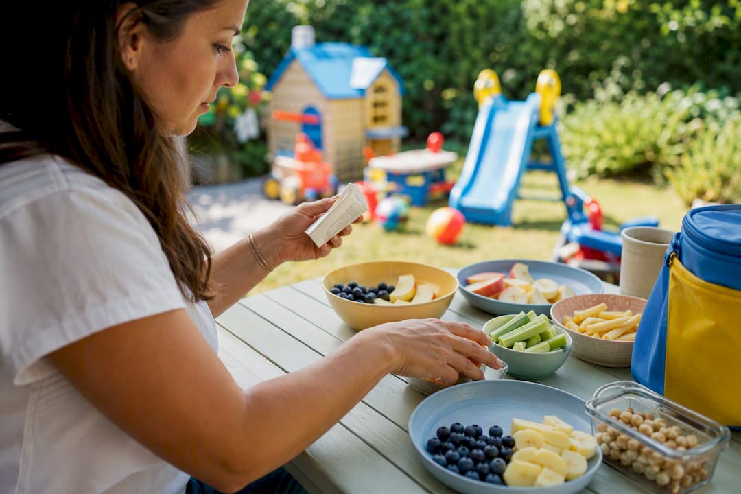 Hands assembling allergen-safe snack