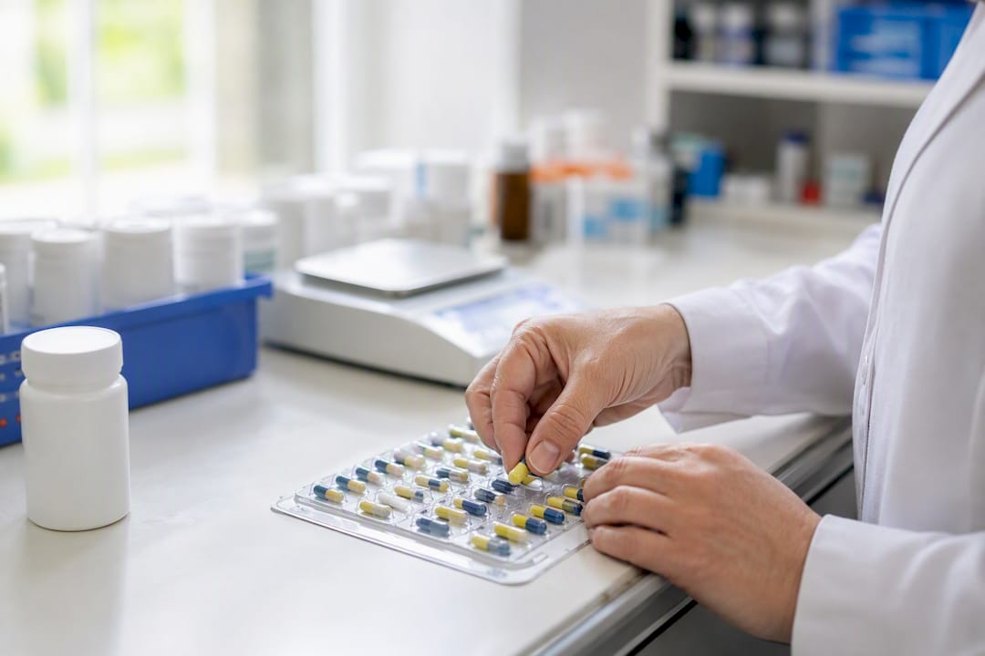Pharmacist preparing blister pack medication
