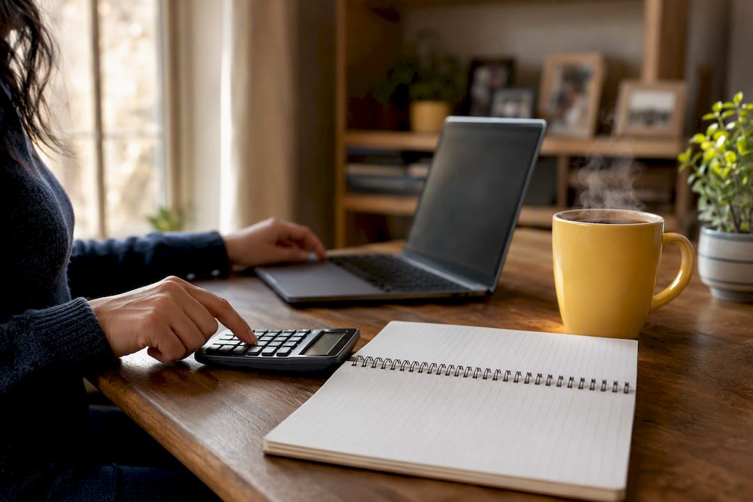 Hand using calculator with notebook on table