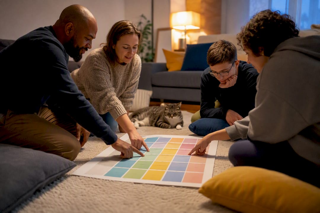 Hands pointing at family responsibility matrix sheet