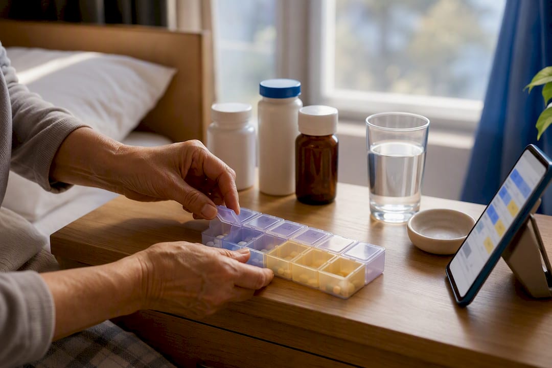 Caregiver organizing medications beside phone