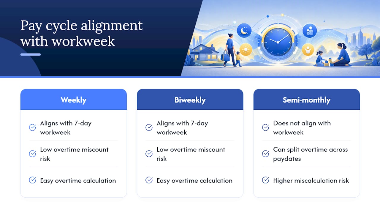 Pay cycles compared with seven-day workweek