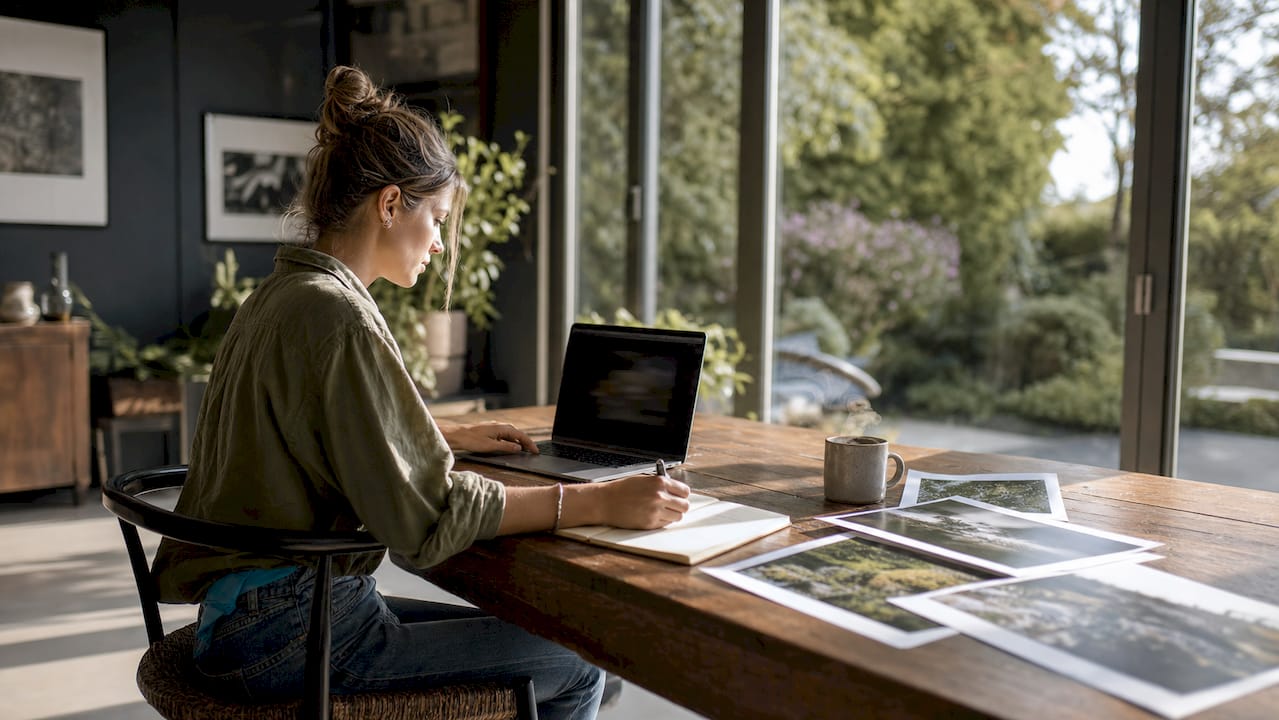 Photographer writing artist statement at home studio desk