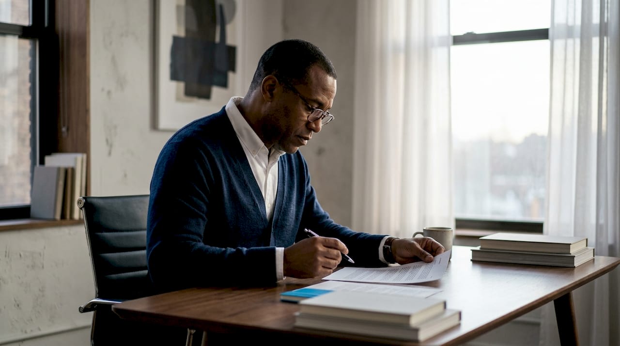 Curator reading photography artist statements in gallery office