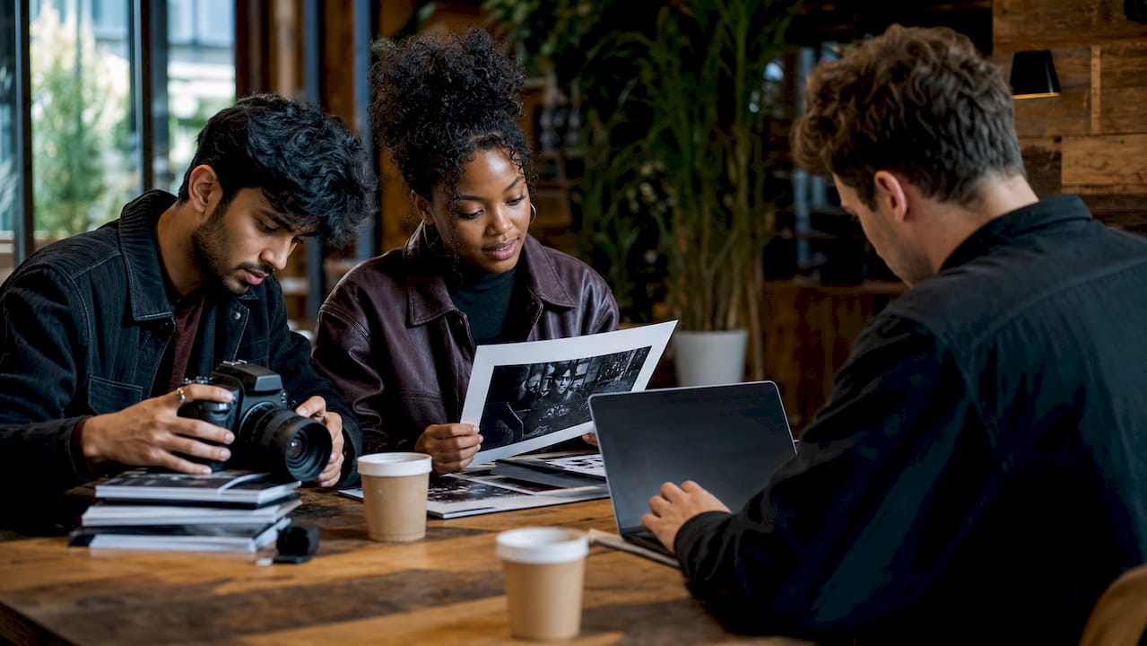 Students collaborating on college photo contest submissions