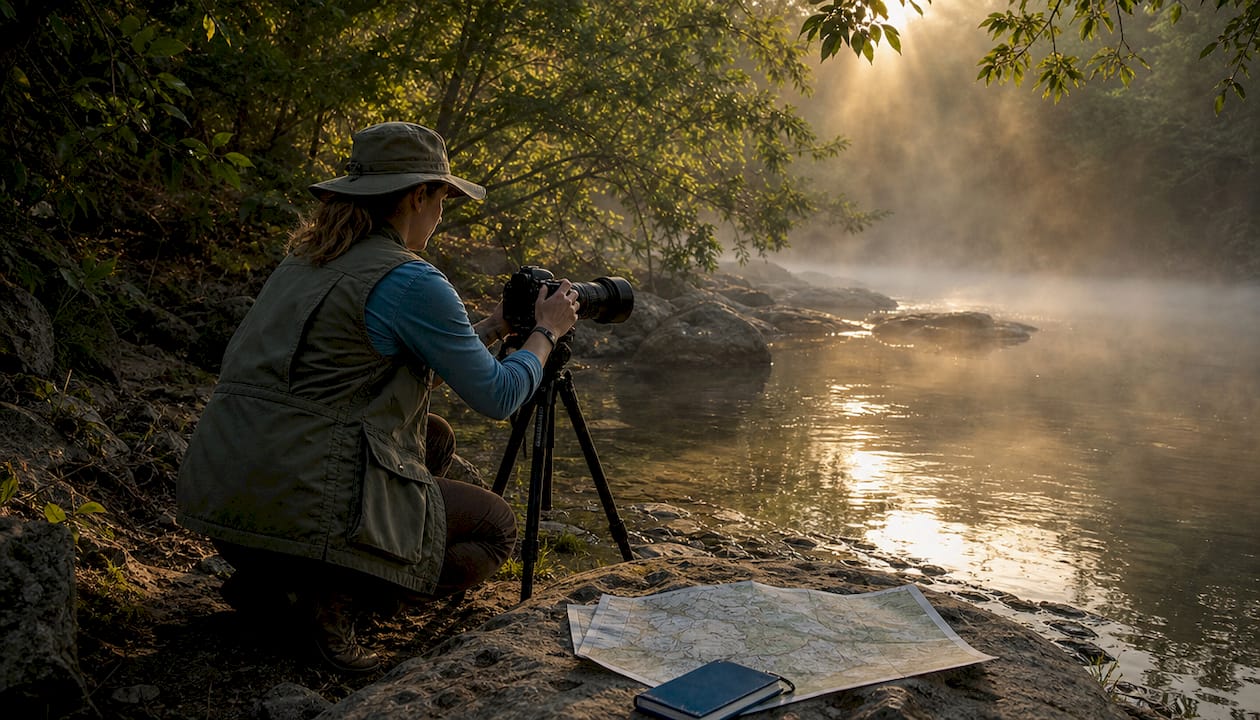 Female wildlife photographer preparing camera outdoors