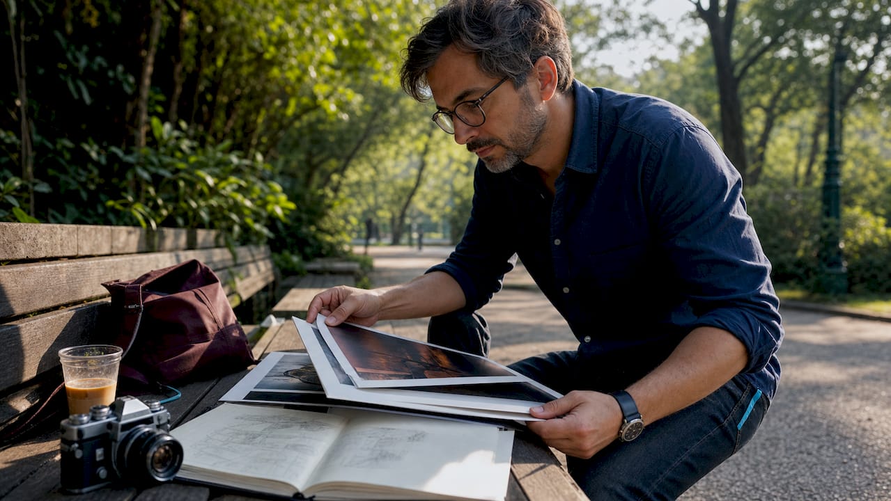 Man reviewing photo contest portfolios in café