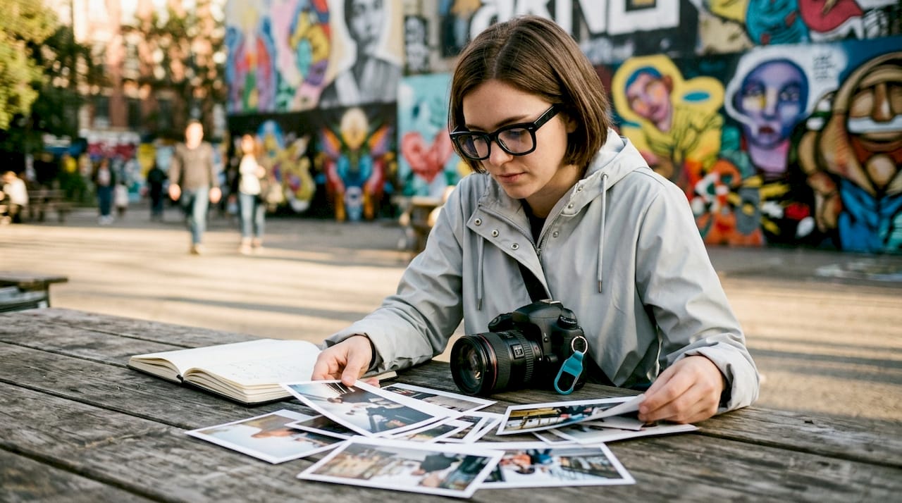 Photographer reviewing contest entries outdoors