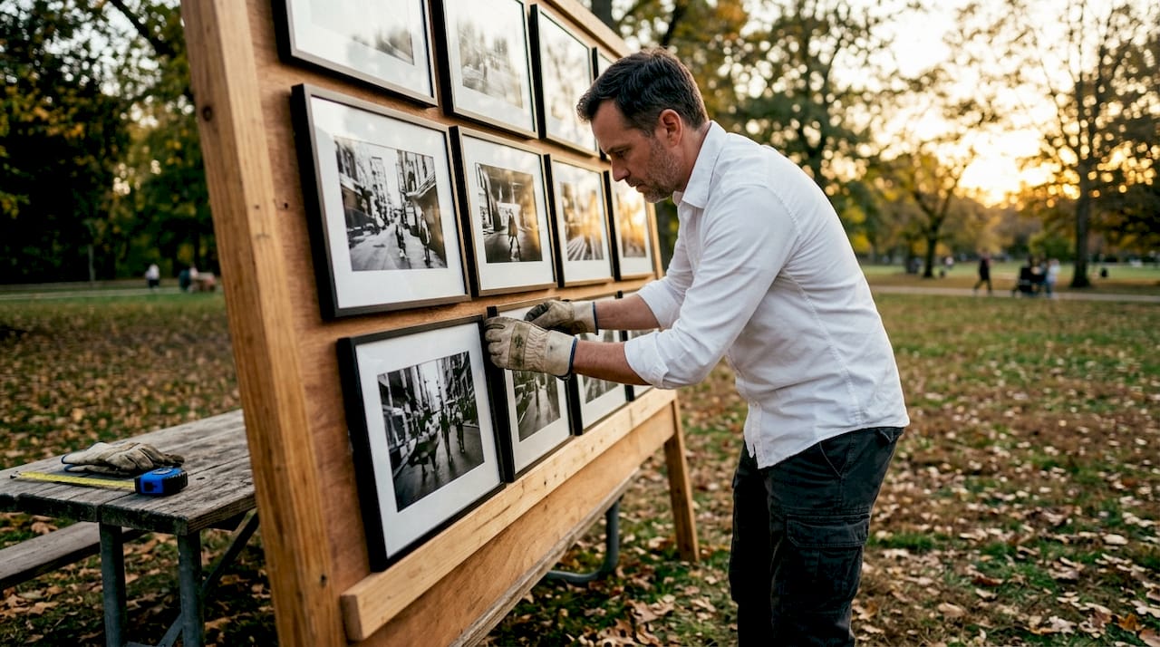 Curator arranging contest photos in gallery