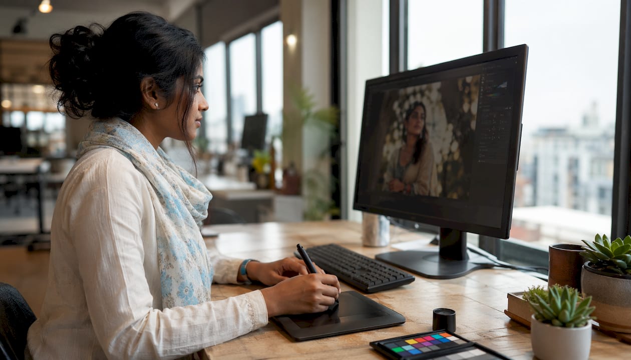 Photographer hands editing contest photos on monitor
