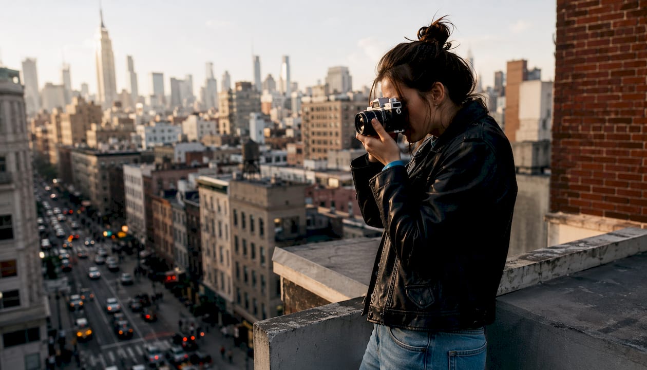 Female street photographer adjusting camera outdoors