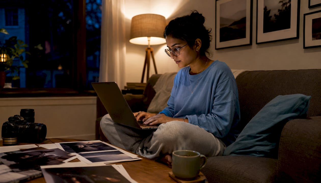 Photographer editing photos with AI software