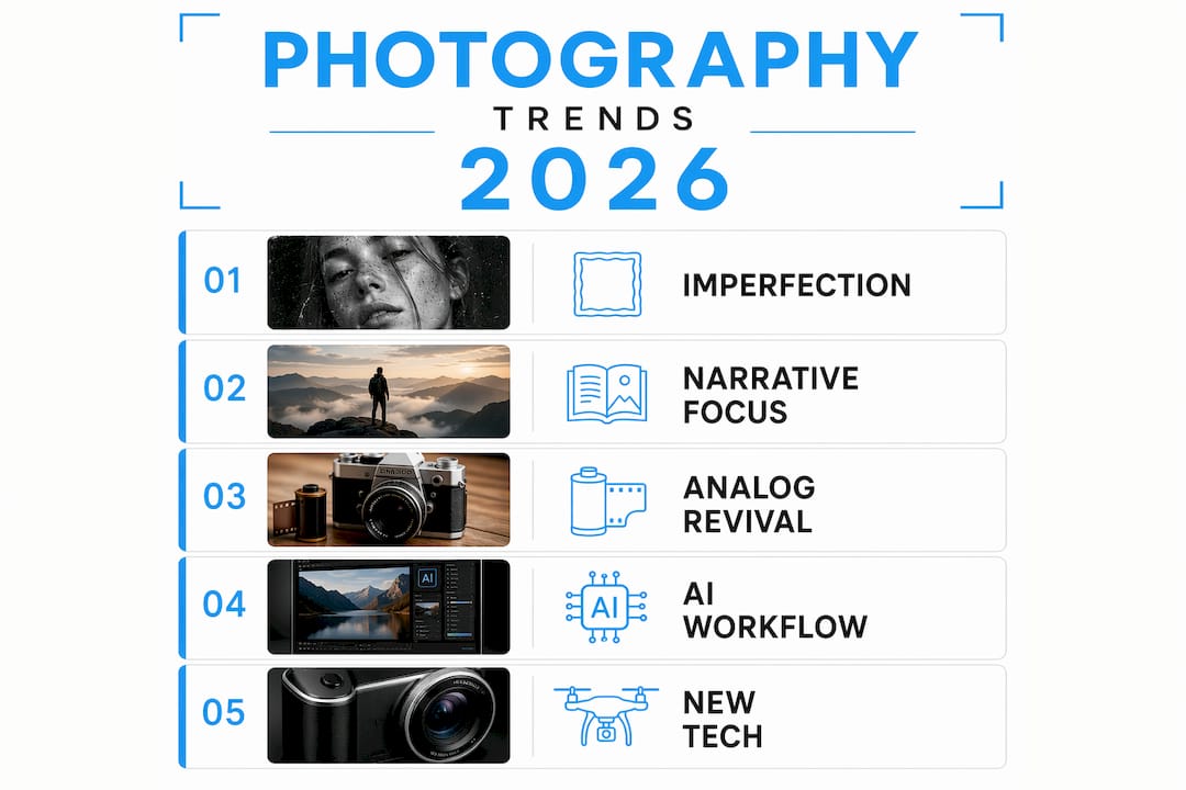 Infographic summarizing top photography trends 2026