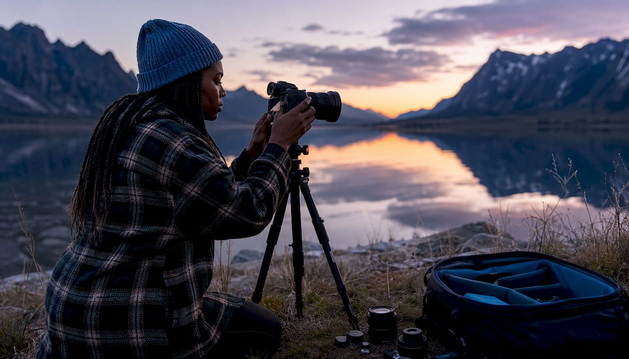 Photographer setting up camera in forest at dawn