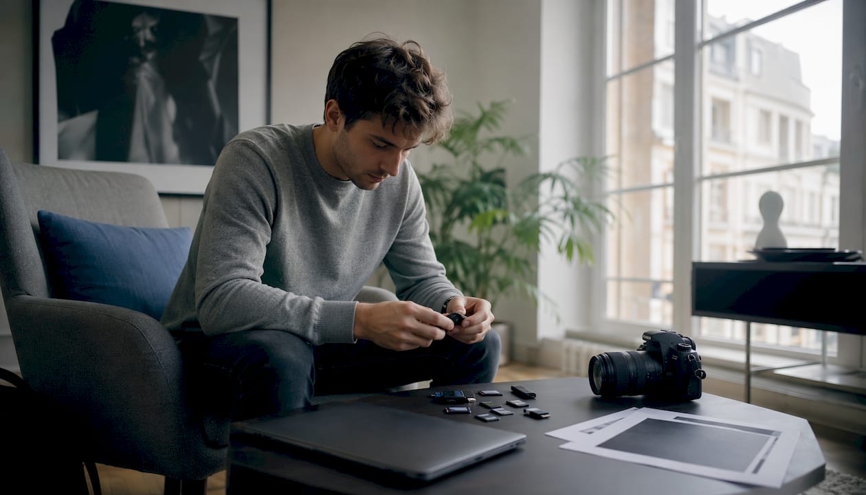 Photographer handling memory cards and gear
