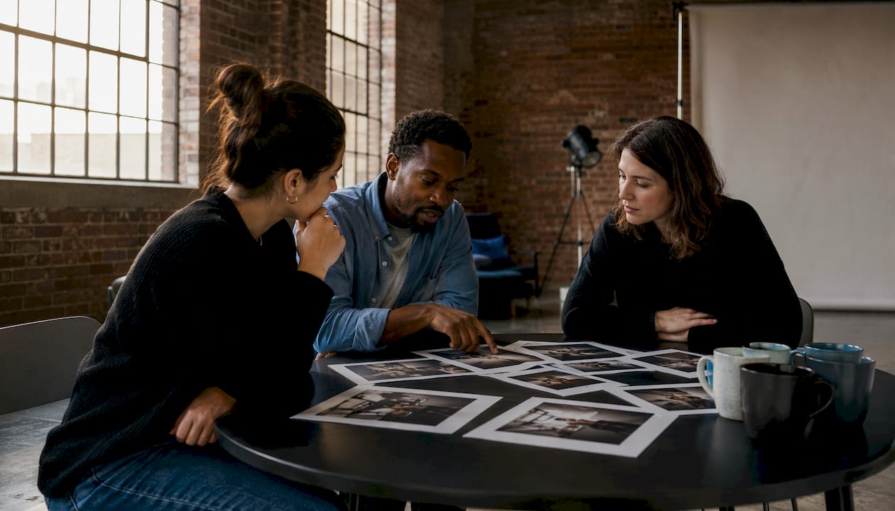 Photo contest judges reviewing prints
