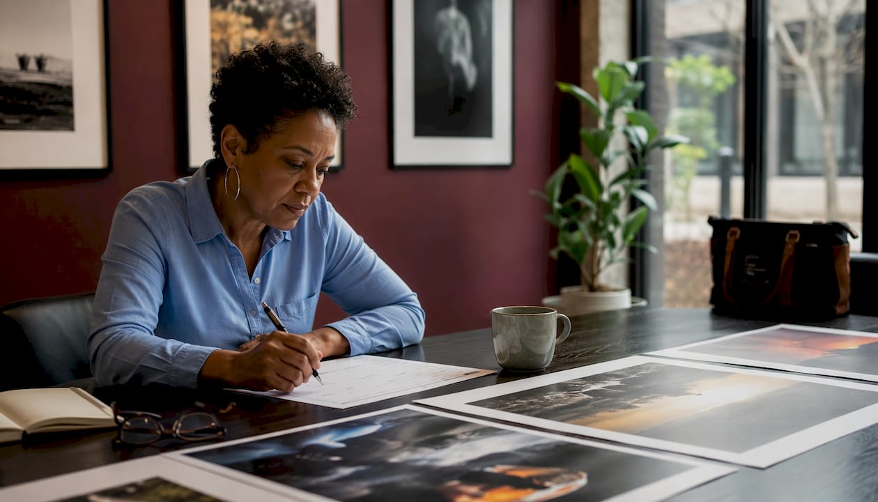 Judge evaluating photo contest entries in museum room