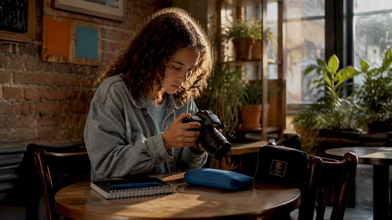 Teen girl editing photos on camera at desk