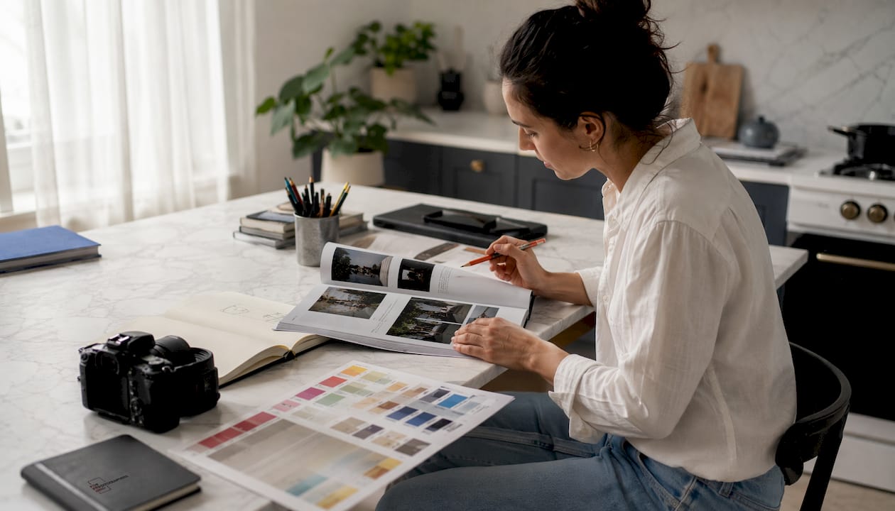 Photographer reviewing exhibition listings at home