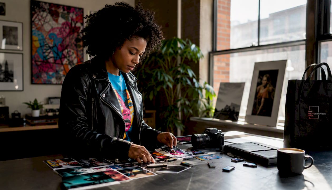 Photographer organizing photo submissions