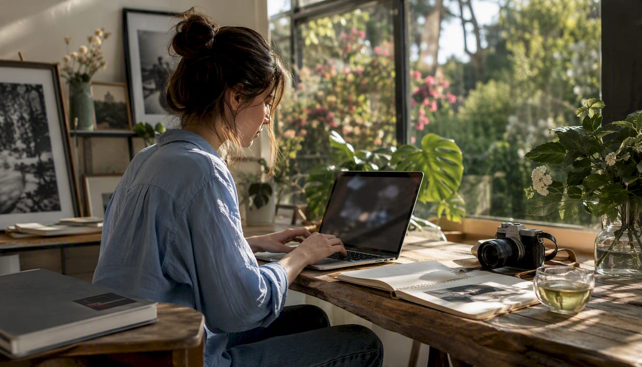 Photographer browsing free photo contests at home desk