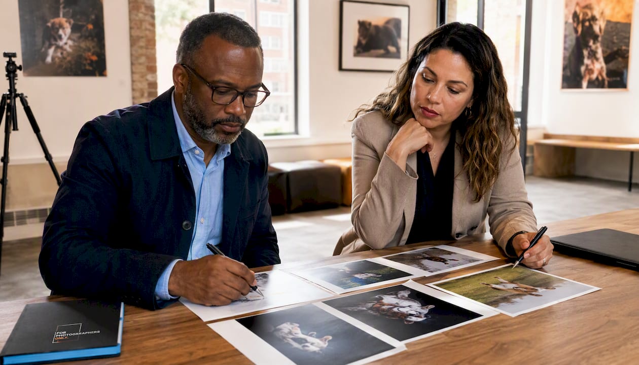Judges reviewing pet photography contest submissions