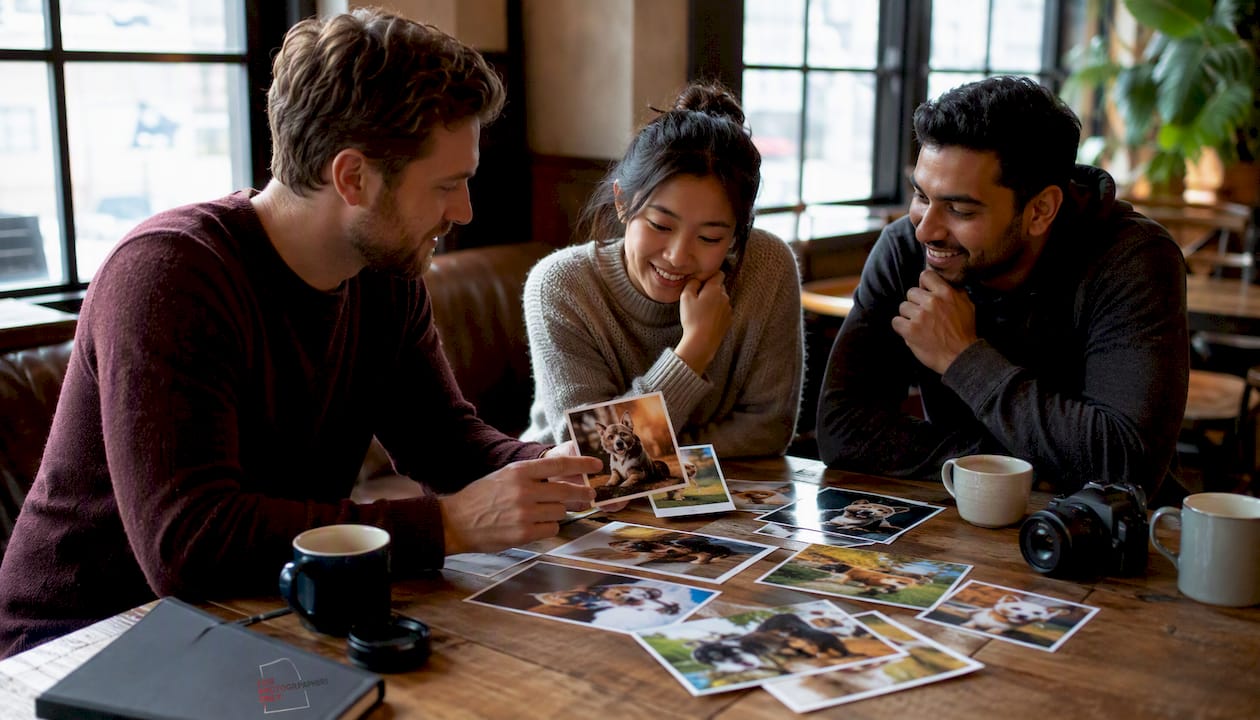 Multiple photographers studying past winning pet photos