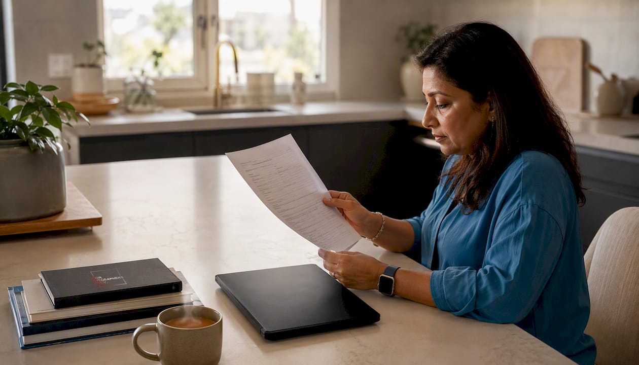Woman reading model release form at home desk