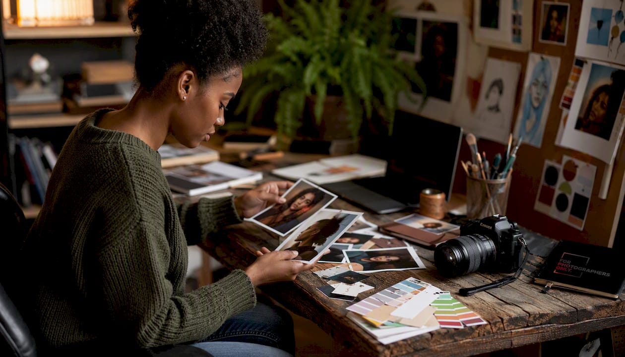 Photographer reviewing portrait photos in studio