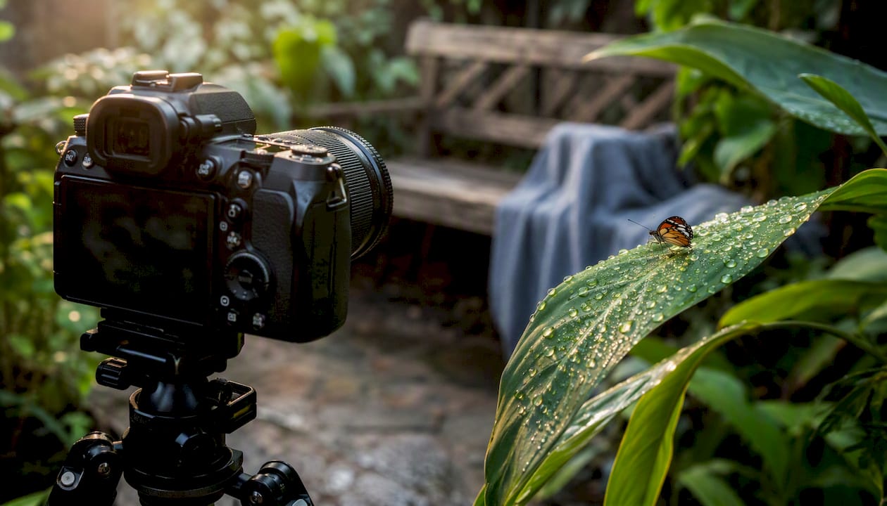 Camera photographing insect macro on leaf